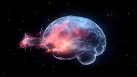 Glowing translucent human brain with neural connections and energy trails floating in cosmic space, pink and blue colors illuminate anatomical structure against starry background.