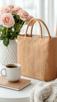 Elegant lifestyle composition with peach tote bag, pink roses in white vase, coffee cup and notebook on white table, soft morning light creates cozy atmosphere.