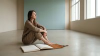 Young woman of mixed ethnicity sitting on floor in minimalist interior space with natural light, wearing casual brown clothing, studying or contemplating with open notebook.