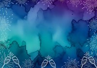Watercolor gradient background with fireworks and ink splashes in shades of blue, purple, and turquoise, suitable for celebrations, events, and festive design projects.