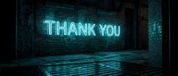 Cyan neon thank you sign glowing on dark brick wall in empty industrial warehouse space with reflective floor.