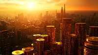 Stacks of golden coins against urban skyline silhouette at dramatic sunset, financial district towers in background, wealth and investment concept.
