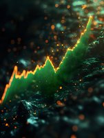 Glowing green and orange stock market chart showing upward trend against dark background with bokeh light effects and digital particles.