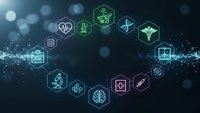 Digital healthcare technology network with medical icons in hexagonal frames connected by glowing data streams on dark background for telemedicine applications.