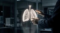 Medical professional presenting glowing lung anatomy hologram in modern healthcare facility for respiratory system education and pulmonology consultation.