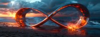 Glowing infinity symbol on beach at dramatic sunset, burning red light trail against stormy ocean backdrop perfect for concepts of eternity and limitless potential.