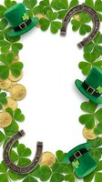 St. Patrick's Day flat lay with green leprechaun hats, horseshoes, gold coins and four-leaf clovers arranged as a border frame on white background for holiday celebrations.