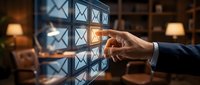 Businessman hand touching illuminated digital interface panel with geometric grid pattern in modern office environment with warm lighting.