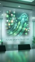 Futuristic glass wall display showing upward trending arrows, cloud computing icons, and bar charts with glowing green neon lines in modern office conference room setting for business growth presentations.