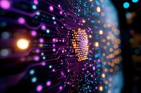 Glowing circuit board with purple and blue light trails creating futuristic technology pattern, digital transformation concept for business innovation background.