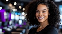 Young African American woman with curly hair and bright smile in black top against blurred colorful background of modern business environment.