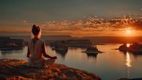 Woman practicing yoga meditation at sunrise on rocky cliff overlooking calm lake with dramatic orange sky and peaceful water reflections.