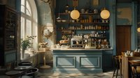 Cozy vintage coffee shop interior with blue wooden counter, espresso machine, pendant lights and sunlit arched window. Retro cafe atmosphere with rustic details.