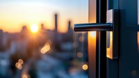 Modern door handle against blurred urban sunset cityscape with bokeh lights, creating atmospheric mood for real estate and architecture designs.