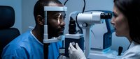 African American male patient receiving comprehensive eye examination from female ophthalmologist using advanced diagnostic equipment in modern medical clinic.
