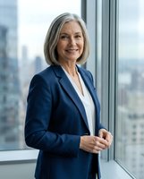Confident mature businesswoman with gray hair in navy suit standing by office window with city skyline view, professional corporate executive portrait.