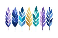 Colorful feathers in blue, purple, turquoise and gold tones arranged in a row on white background, isolated design element for creative projects and decoration.
