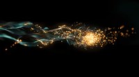 Glowing golden particles and turquoise light waves flow through dark space creating magical energy effect on black background for abstract design projects.