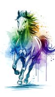Watercolor horse galloping with rainbow gradient mane and colorful paint splashes on white background for artistic designs and equestrian themed projects.