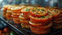 Stacked fresh tomato slices garnished with herbs and seasonings on dark cooking grid, close up view with selective focus and natural lighting.