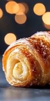Freshly baked croissant with flaky layers and golden crust against dark background with warm bokeh lights, creating cozy atmosphere for food photography.