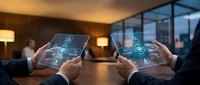 Two business professionals using tablets with smart home automation interface icons in modern office setting for IoT technology presentation.