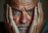 Close-up portrait of senior man with intense blue eyes and weathered skin holding face in hands, expressing deep emotion or concern.