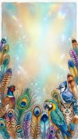 Colorful bird feathers frame with peacock plumes, parrot and owl creating magical border on sparkly gradient background for greeting cards and invitations.