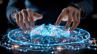Hands manipulating glowing blue holographic network interface with connected nodes and light trails against dark background, futuristic technology concept.