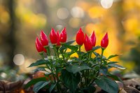 Vibrant red chili peppers growing on ornamental pepper plant against blurred golden bokeh background, perfect for culinary, gardening or seasonal harvest themes.
