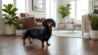Adorable black and tan dachshund dog standing on hardwood floor in bright modern living room with houseplants and contemporary furniture.