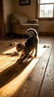 Tabby cat walking across wooden floor in sunlit living room with armchair and window in background, suitable for pet, home interior, and lifestyle content.