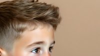 Young Caucasian boy with blue eyes and modern trendy haircut looking away thoughtfully against neutral beige background, close-up portrait showing innocence and curiosity.
