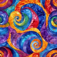 Vibrant spiral pattern in rainbow colors with swirling abstract shapes and dotted details creates seamless repeat design for fabric, wallpaper and creative projects.