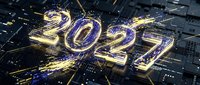 Golden 2027 numbers with electric sparks and light trails on dark circuit board background for New Year celebration and future technology concepts.