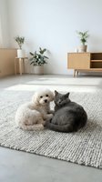 Adorable white poodle and gray cat cuddling together on woven rug in modern minimalist living room with wooden furniture and houseplants creating cozy home atmosphere.