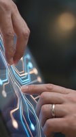 Hands of a middle-aged Caucasian person interacting with glowing digital network lines and data streams, representing technology, connectivity, and digital transformation for business and innovation concepts.