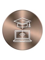 Online education concept with graduation cap and laptop on copper metallic circle background for digital learning platforms and e-learning websites.