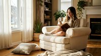 Young woman relaxing in cozy armchair reading book in bright living room with plants and natural light creating peaceful home atmosphere.