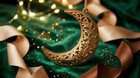 Ornate golden crescent moon decoration with intricate patterns on emerald green fabric with warm bokeh lights and copper ribbon for festive celebrations.
