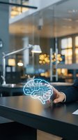 Businessman hand holding glowing digital brain with circuit patterns in modern office environment representing artificial intelligence and technology innovation.