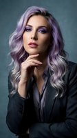 Young Caucasian businesswoman with purple wavy hair and matching makeup wearing dark blazer posing thoughtfully against gray background for fashion portrait.