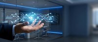 Businessman hand presenting holographic digital network connections in modern office environment with futuristic technology interface display.