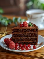 Slice of rich chocolate layer cake garnished with fresh raspberries and red currants on white plate, served with coffee. Dark cocoa sponge with creamy filling.