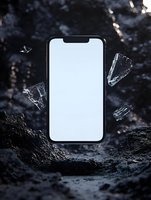 Modern smartphone with blank white screen floating among ice shards against dark rocky background, perfect for app or mobile technology promotion.