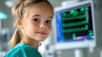 Young Caucasian girl in medical scrubs smiling in hospital setting with vital signs monitor display in background showing patient data and medical statistics.