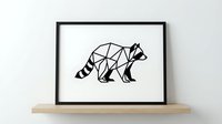 Geometric raccoon silhouette in minimalist black line art style on white background. Modern polygonal animal design for wall decor and prints.