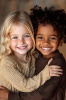 Two happy young children embracing and smiling at camera, one with blonde hair and blue eyes, one with curly dark hair, wearing warm brown sweaters.