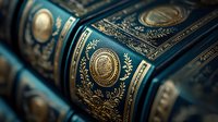 Antique leather-bound books with ornate gold embossed spines featuring classical floral patterns and medallions in deep navy blue tones, captured in macro detail.