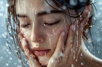 Young Asian woman with closed eyes and serene expression under flowing water with droplets cascading down her face, expressing freshness and natural beauty.